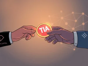 An illustrative depiction of Polychain Capital transferring Celestia TIA tokens to the Celestia Foundation, symbolizing a significant shift in crypto investment and governance.