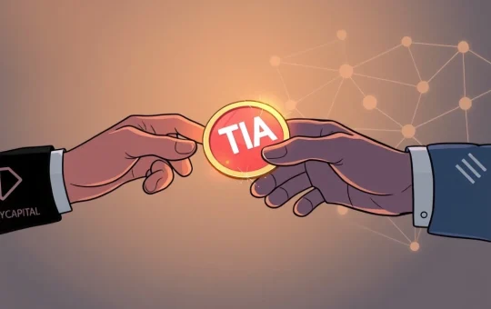 An illustrative depiction of Polychain Capital transferring Celestia TIA tokens to the Celestia Foundation, symbolizing a significant shift in crypto investment and governance.