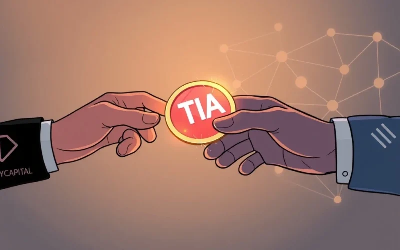 An illustrative depiction of Polychain Capital transferring Celestia TIA tokens to the Celestia Foundation, symbolizing a significant shift in crypto investment and governance.