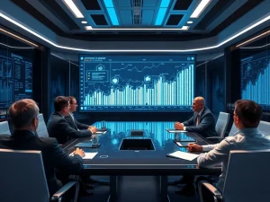 CFOs discussing crypto integration in a corporate boardroom with blockchain visuals