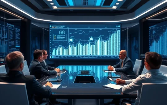 CFOs discussing crypto integration in a corporate boardroom with blockchain visuals