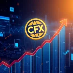 CFX token logo surging on a growth chart with blockchain network effects