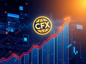 CFX token logo surging on a growth chart with blockchain network effects