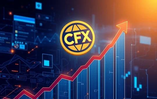 CFX token logo surging on a growth chart with blockchain network effects