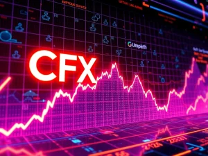 CFX cryptocurrency price surge with blockchain partnerships in neon-lit digital graph