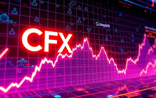 CFX cryptocurrency price surge with blockchain partnerships in neon-lit digital graph
