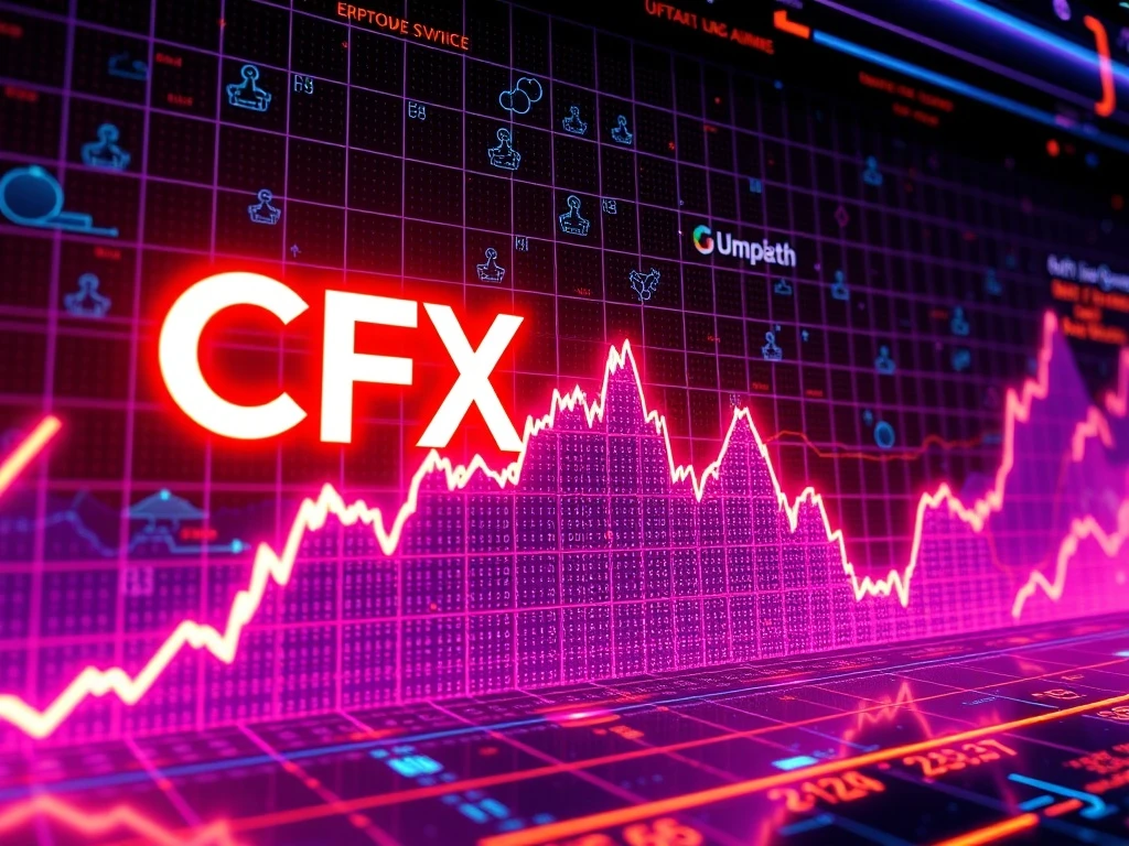 CFX cryptocurrency price surge with blockchain partnerships in neon-lit digital graph