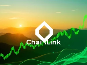 A chart showing Chainlink (LINK) bullish divergence with green candles and an upward arrow, indicating strong price potential.