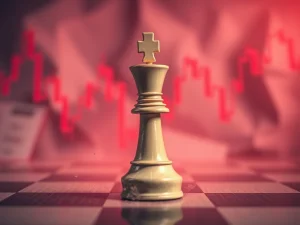 A symbolic image of a chess piece falling dramatically, representing the CHESS crypto price plunge amidst market volatility and regulatory shifts.