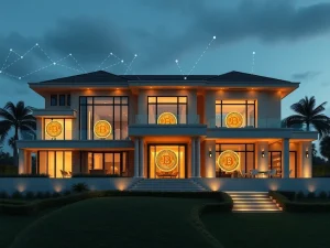 A luxurious mansion with Bitcoin symbols, representing Christie's revolutionary Bitcoin real estate team facilitating crypto property sales.