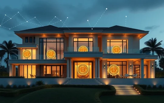 A luxurious mansion with Bitcoin symbols, representing Christie's revolutionary Bitcoin real estate team facilitating crypto property sales.
