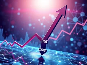A dramatic red downward arrow on a crypto chart, illustrating the sudden CKB price drop amid broader market volatility.