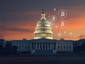 US Capitol with digital asset symbols, representing the CLARITY Act's impact on digital asset regulation and crypto oversight.