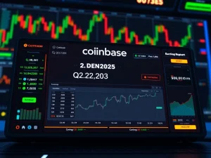 Coinbase Q2 2025 earnings report displayed on a digital financial dashboard with crypto market charts