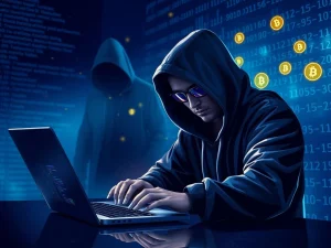 Hacker manipulating cryptocurrency transactions in a dark digital environment representing the CoinDCX crypto theft