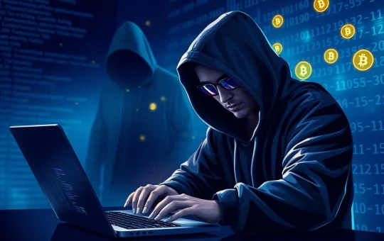 Hacker manipulating cryptocurrency transactions in a dark digital environment representing the CoinDCX crypto theft