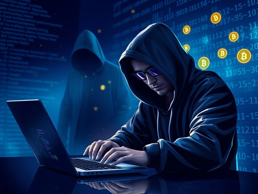 Hacker manipulating cryptocurrency transactions in a dark digital environment representing the CoinDCX crypto theft