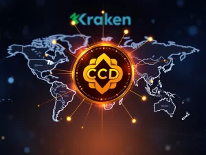 Concordium CCD token icon on a digital map, symbolizing global access via Kraken listing for compliant digital assets.