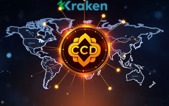 Concordium CCD token icon on a digital map, symbolizing global access via Kraken listing for compliant digital assets.