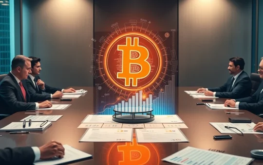 Charts showing a significant rise in corporate Bitcoin adoption with company logos and Bitcoin symbols, illustrating the growing trend of institutional investment in cryptocurrency.