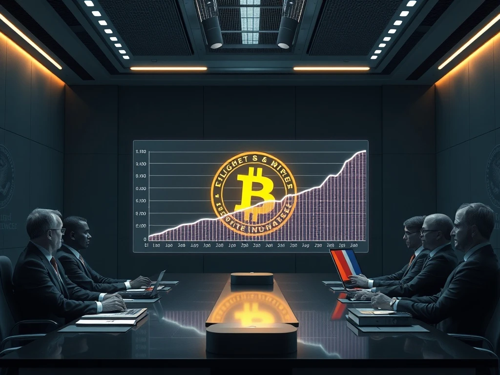 A visual representation of soaring corporate Bitcoin adoption, showing charts and business professionals indicating growth in institutional interest.