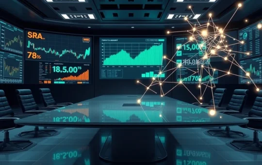 A corporate executive reviewing a dashboard showing a 15% gain on a digital asset portfolio, symbolizing successful corporate crypto treasury management.