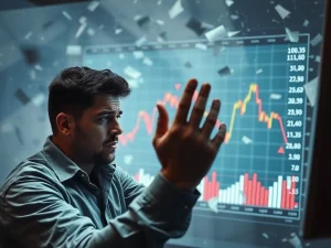 A downward trending chart symbolizing the COS crypto price drop, with elements of regulatory oversight and internal challenges.