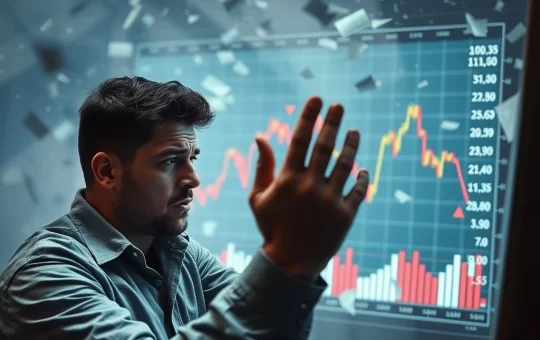 A downward trending chart symbolizing the COS crypto price drop, with elements of regulatory oversight and internal challenges.
