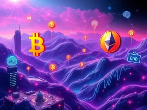 Visualizing the explosive growth of crypto adoption, showing digital assets flowing through payment networks, AI integration, and institutional investments driving the market cap.