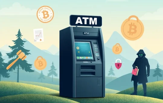 A crypto ATM machine at a crossroads, symbolizing the significant regulatory scrutiny and security risks facing the crypto ATM industry.