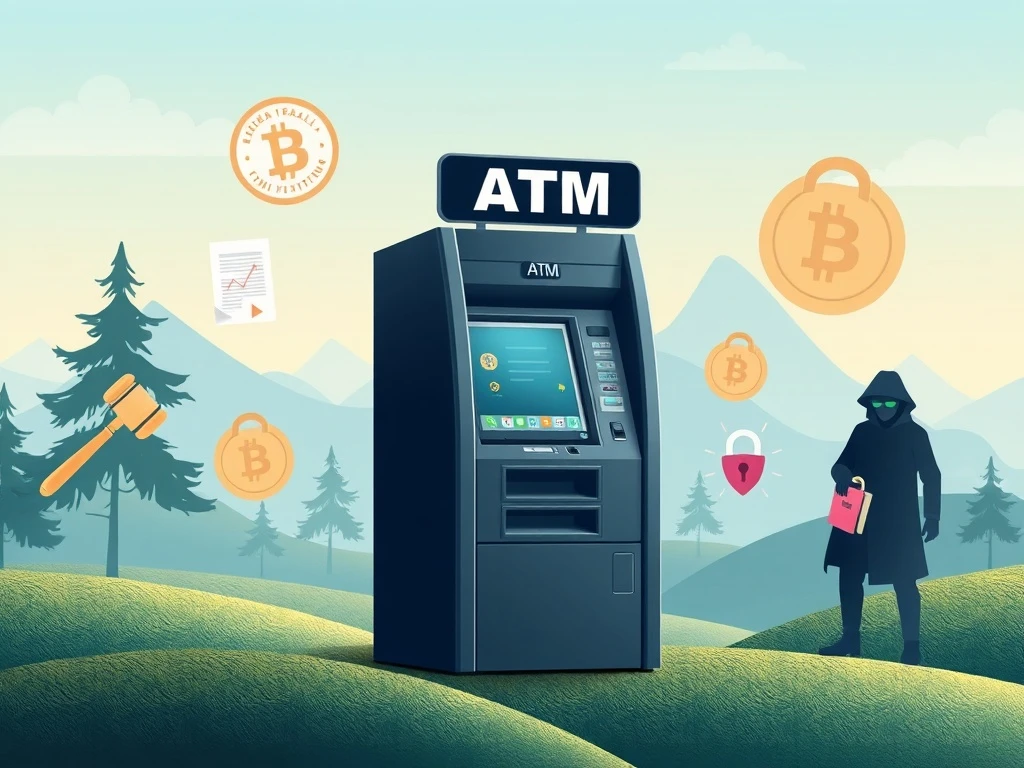 A crypto ATM machine at a crossroads, symbolizing the significant regulatory scrutiny and security risks facing the crypto ATM industry.
