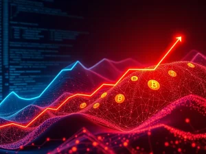 Visualizing the explosive growth in crypto commits, with code lines and blockchain symbols indicating rapid developer activity across leading projects.