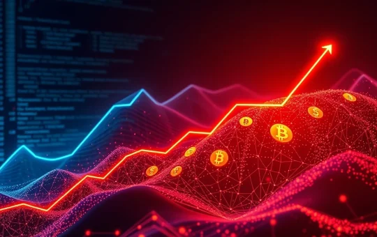 Visualizing the explosive growth in crypto commits, with code lines and blockchain symbols indicating rapid developer activity across leading projects.