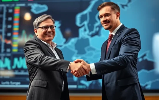 Two financial executives shaking hands, symbolizing the 21Shares Societe Generale partnership boosting Crypto ETP liquidity for institutional investors in Europe.
