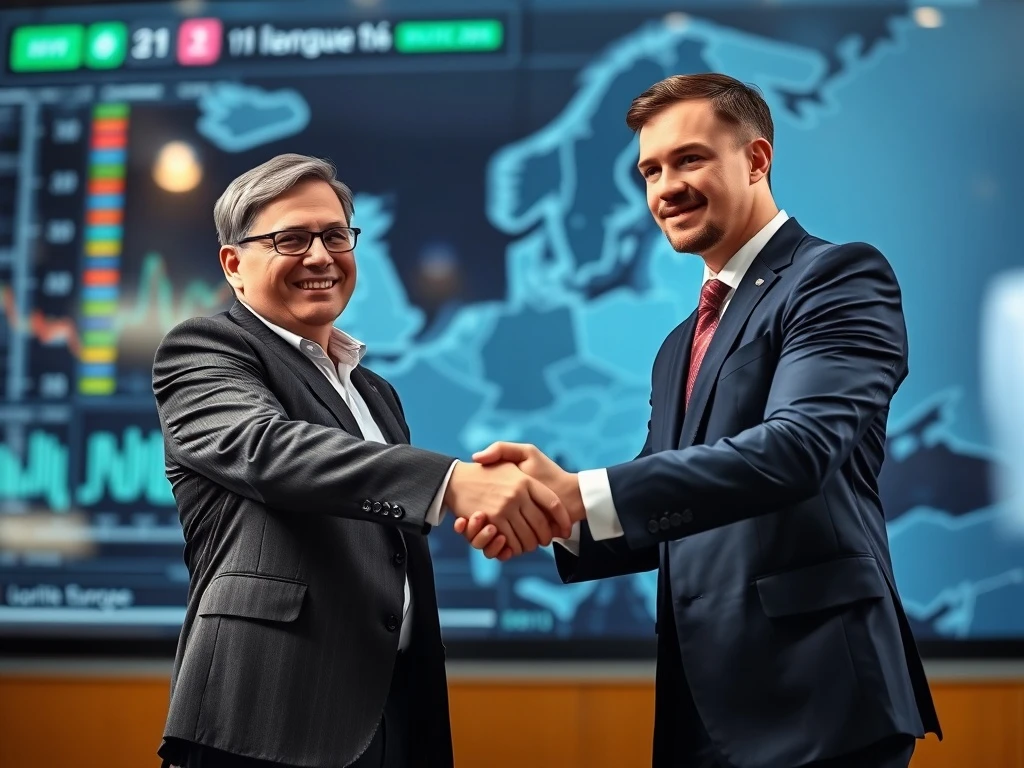 Two financial executives shaking hands, symbolizing the 21Shares Societe Generale partnership boosting Crypto ETP liquidity for institutional investors in Europe.
