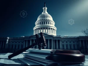 US Capitol building with blockchain elements and a gavel, symbolizing crucial crypto legislation and digital asset oversight.