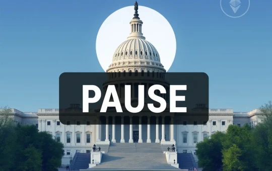 An image symbolizing the US House recess causing a crucial crypto legislation delay, with legislative documents and crypto icons paused.