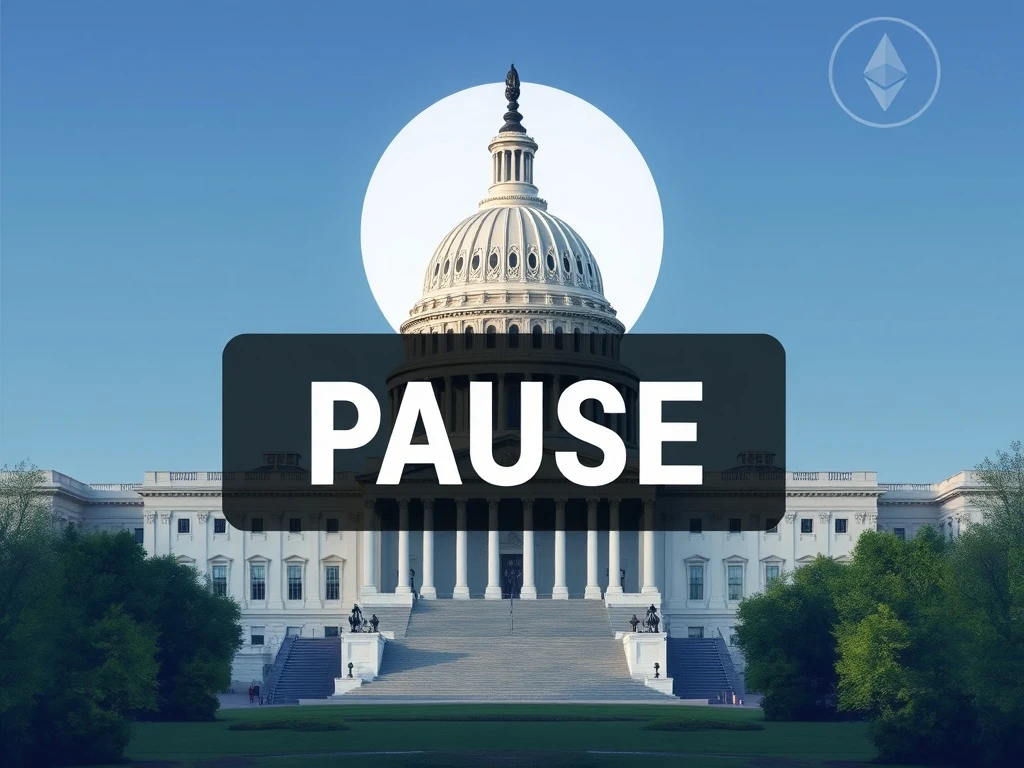 An image symbolizing the US House recess causing a crucial crypto legislation delay, with legislative documents and crypto icons paused.