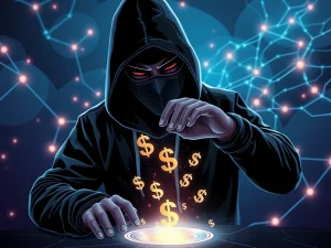 Hacker manipulating blockchain network causing crypto losses due to hacks and scams