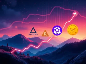 Visualizing the crypto market recovery, showcasing BlockDAG, Arbitrum, Chainlink, and PEPE's growth and innovation.