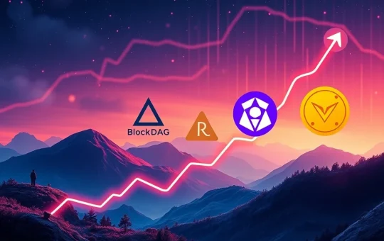 Visualizing the crypto market recovery, showcasing BlockDAG, Arbitrum, Chainlink, and PEPE's growth and innovation.