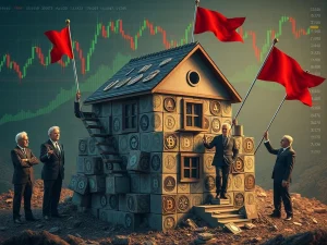 US senators raising red flags over a proposed crypto mortgage plan, symbolizing concerns about market volatility and regulatory gaps.