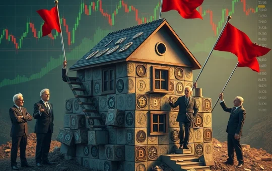 US senators raising red flags over a proposed crypto mortgage plan, symbolizing concerns about market volatility and regulatory gaps.