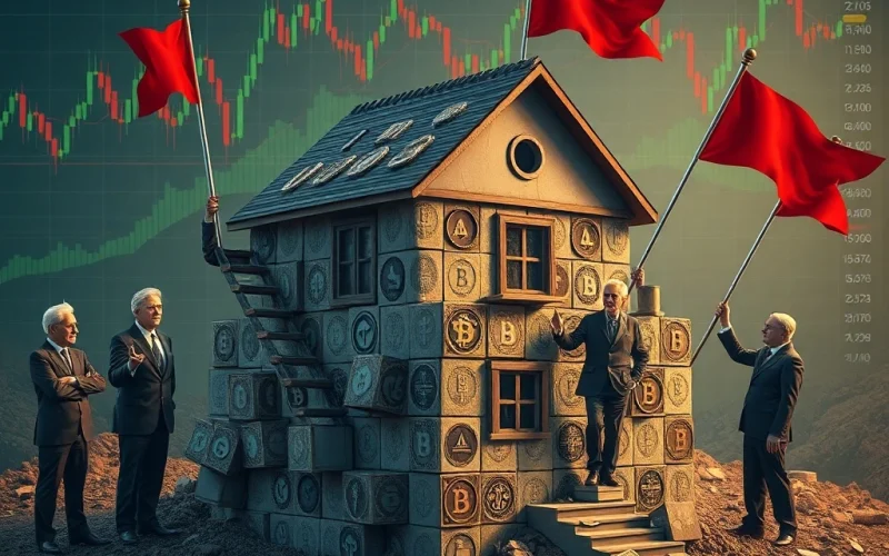 US senators raising red flags over a proposed crypto mortgage plan, symbolizing concerns about market volatility and regulatory gaps.