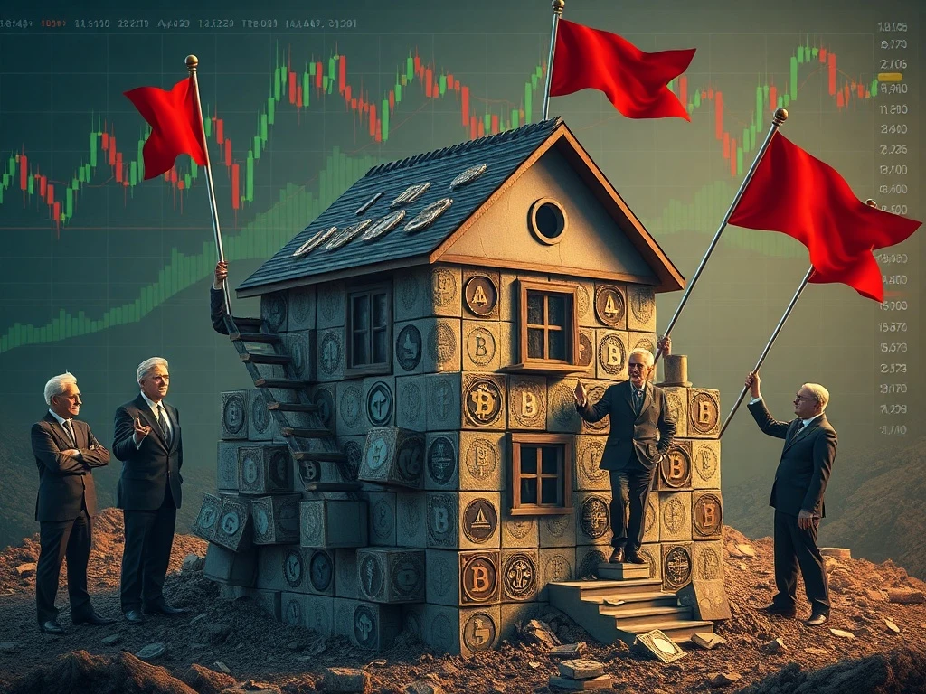 US senators raising red flags over a proposed crypto mortgage plan, symbolizing concerns about market volatility and regulatory gaps.