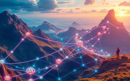 Illustrates the explosive growth in crypto presales, showing digital tokens flowing into a network with blockchain, AI, and identity elements.