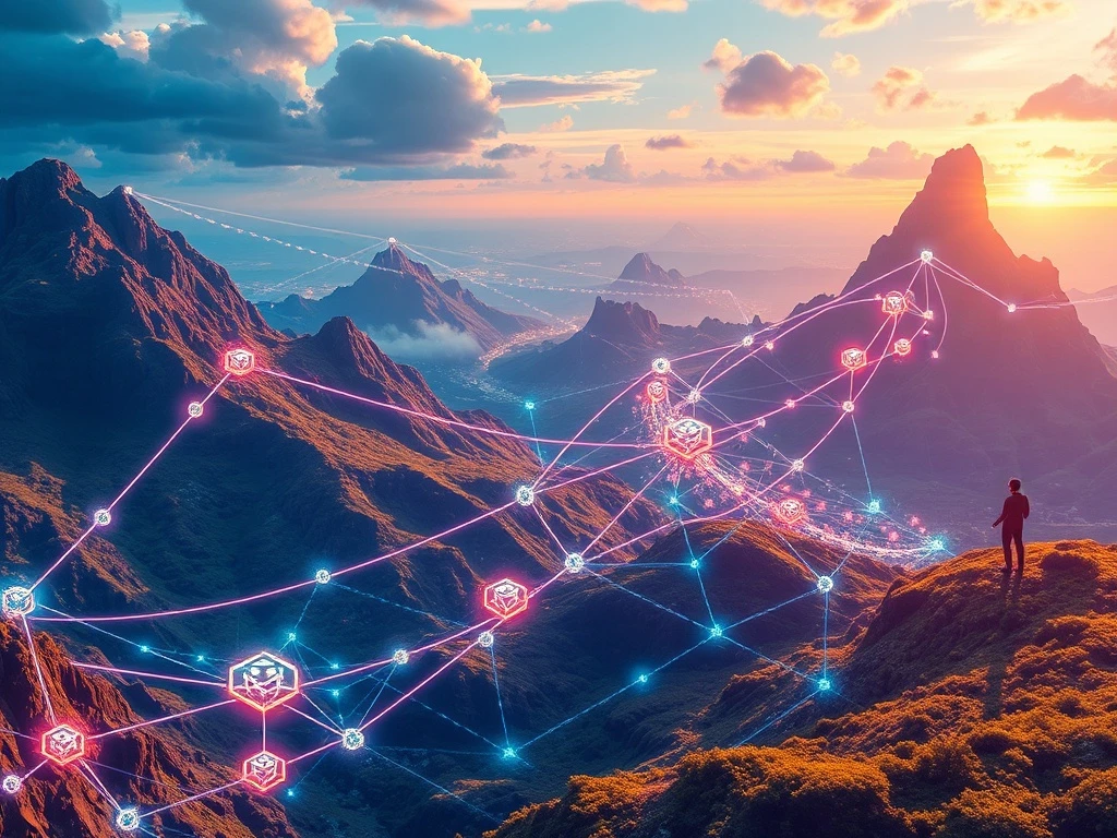 Illustrates the explosive growth in crypto presales, showing digital tokens flowing into a network with blockchain, AI, and identity elements.