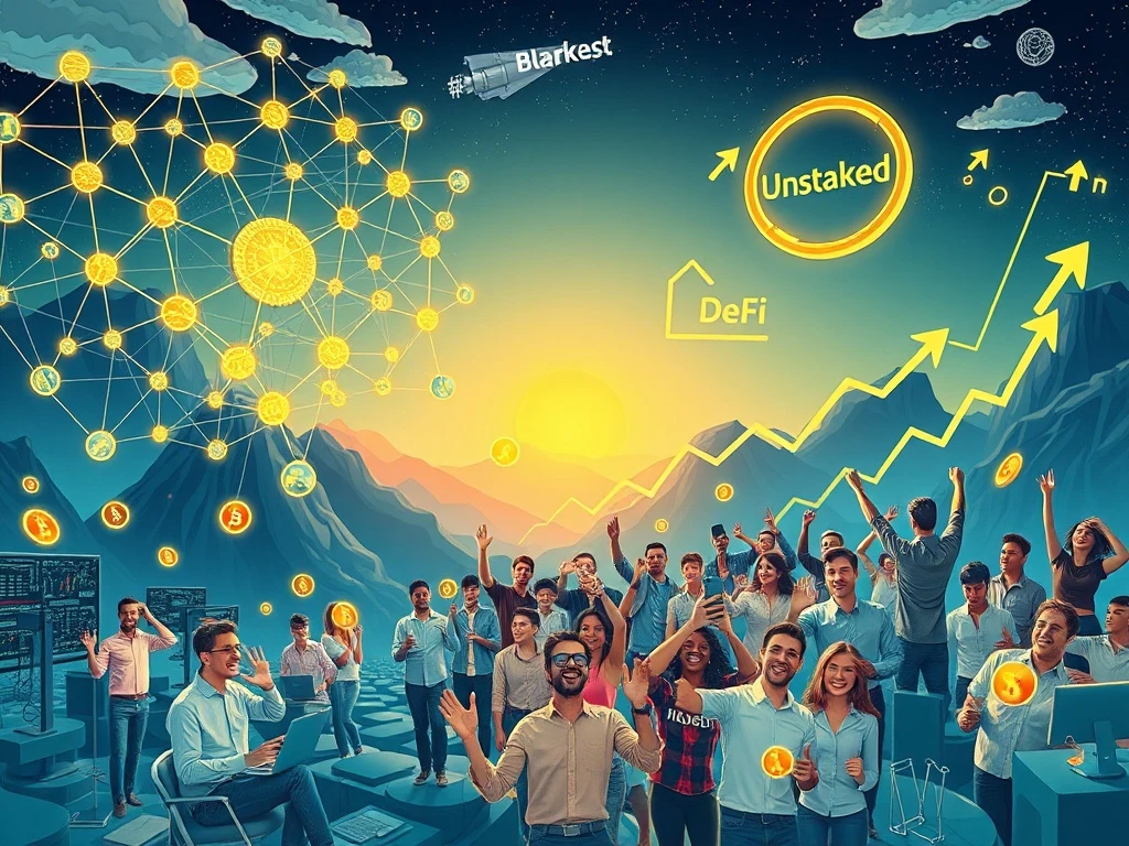 A diverse group of investors engaging with digital charts and symbols, representing the surging crypto presales market, highlighting BlockDAG, Unstaked, and MAGACOIN.