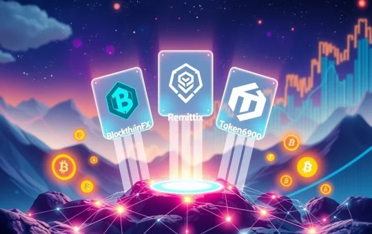 Three distinct digital icons representing BlockchainFX, Remittix, and Token6900 rise, symbolizing the potential for high Crypto Presales ROI.