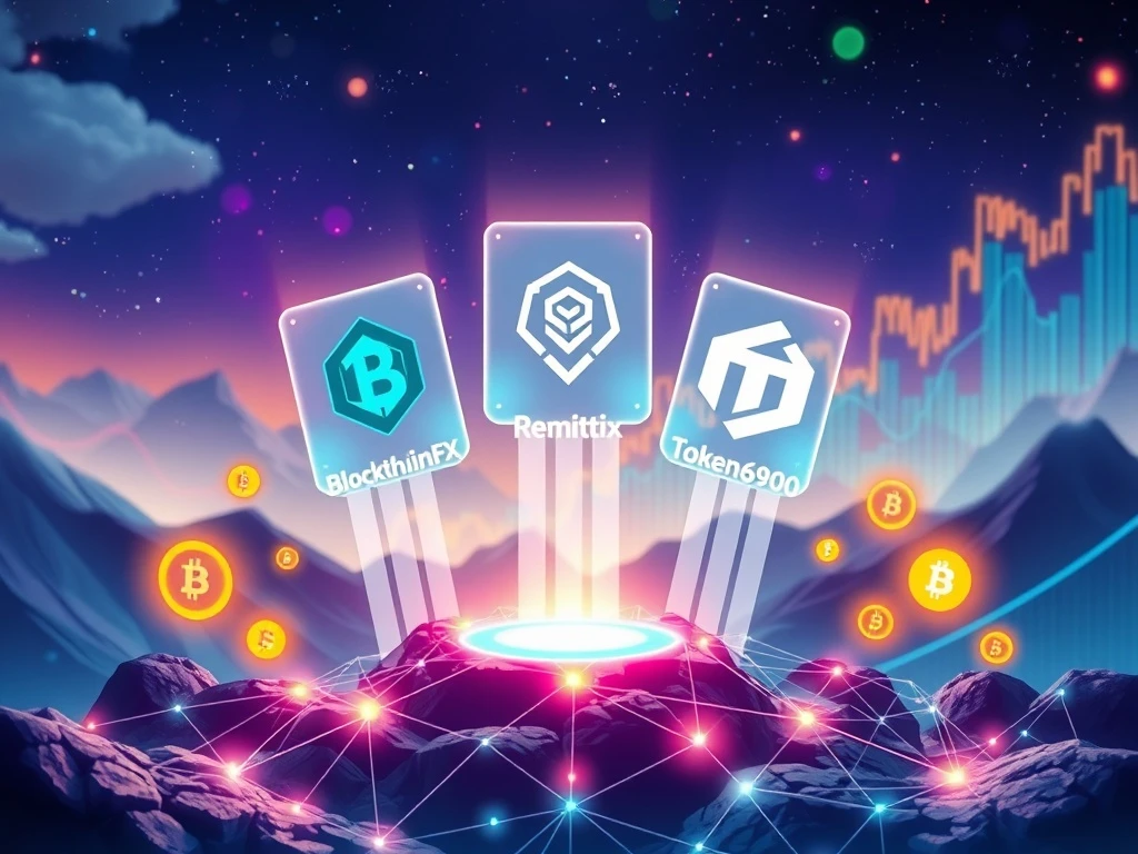 Three distinct digital icons representing BlockchainFX, Remittix, and Token6900 rise, symbolizing the potential for high Crypto Presales ROI.